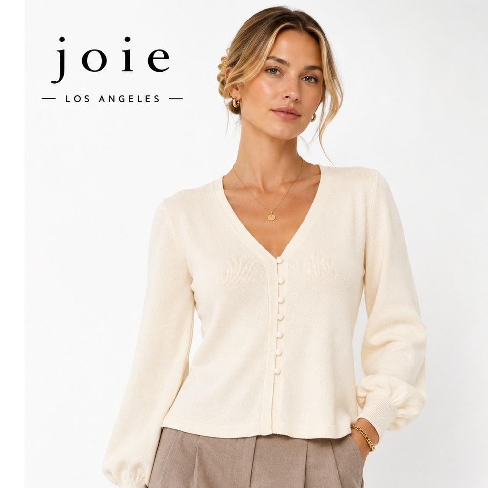 Joie Cream Button Front V-Neck Sweater Top Balloon Sleeve Large